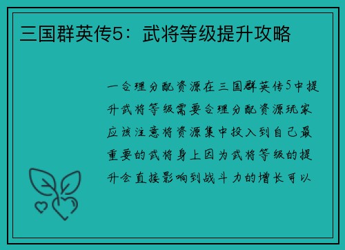 三国群英传5：武将等级提升攻略